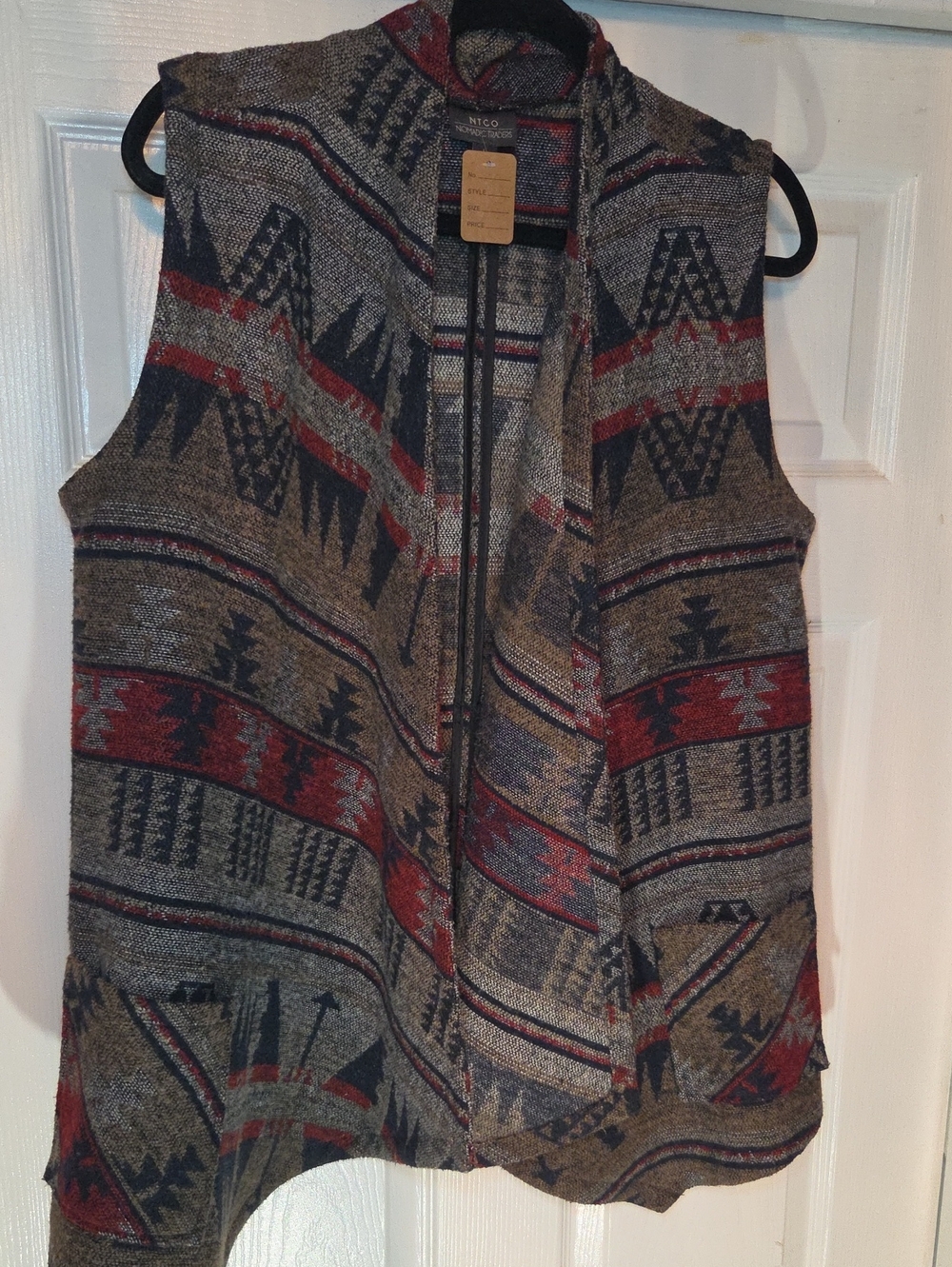 Boho Patterned Zip-Front Sleeveless Knit Vest - Brown/Red/Black